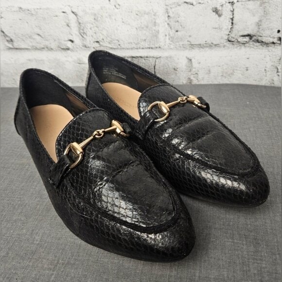 Chic Black Faux Snakeskin Loafers | Gold Bit Detail | Classic Size 8 Flats - Picture 2 of 11